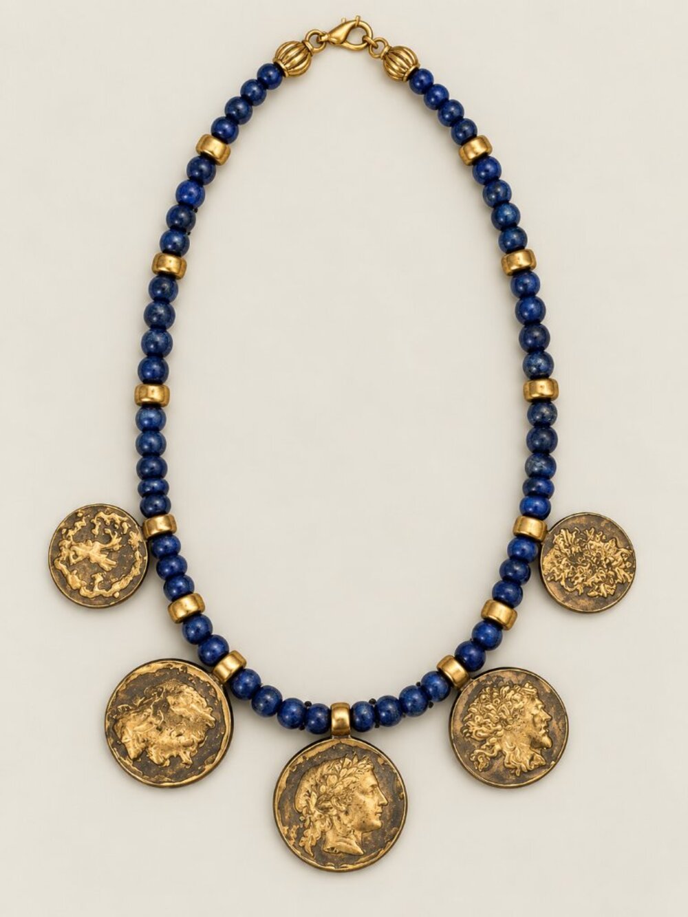 Lapis Bead Necklace with Antique-Style Coin Pendants